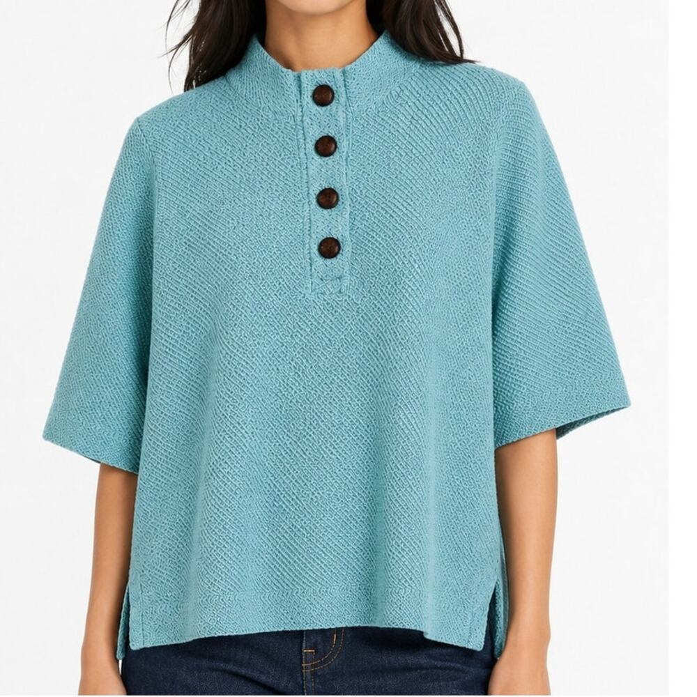 Soft Surroundings Set Sail Pullover Sweater PS Petite Small Aqua Textured Cotton